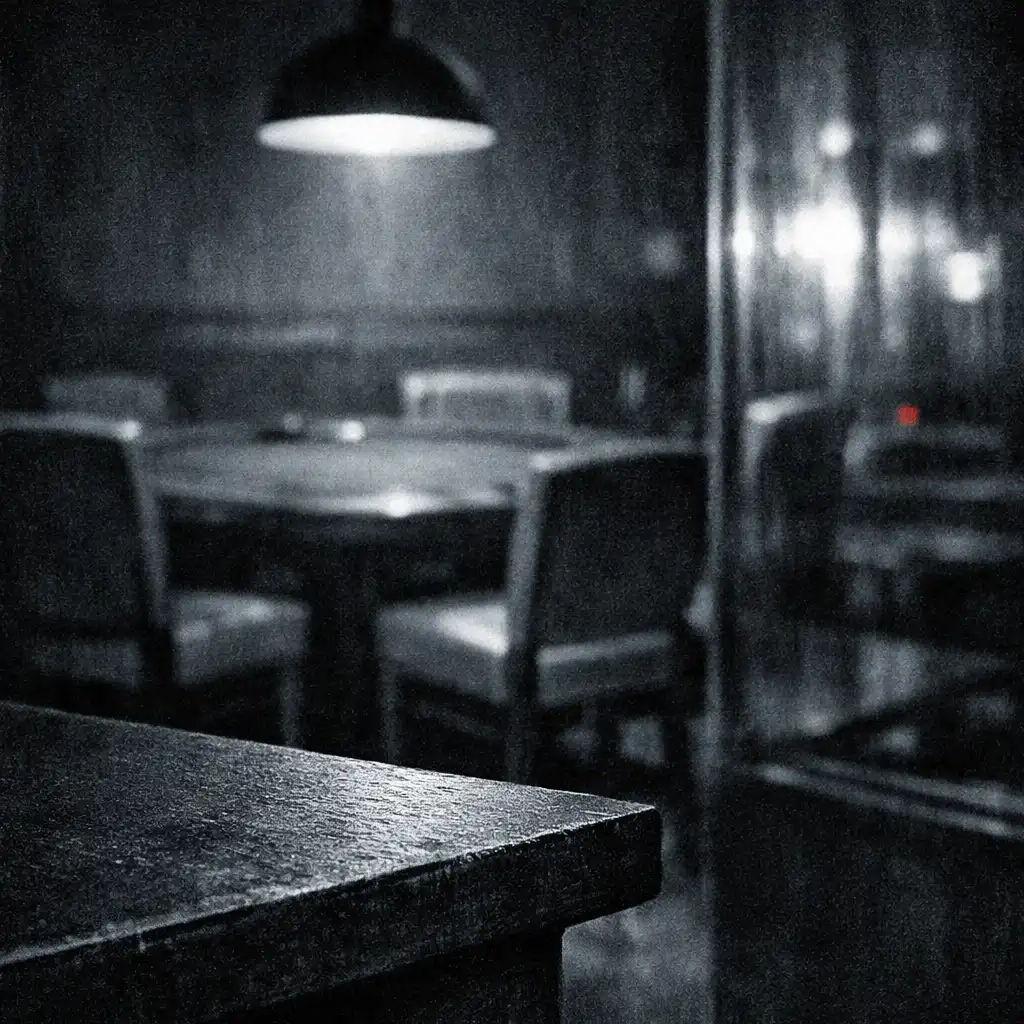 Sötét éttermi enteriőr-részlet asztalszéllel, székekkel és visszafogott esti fénnyel